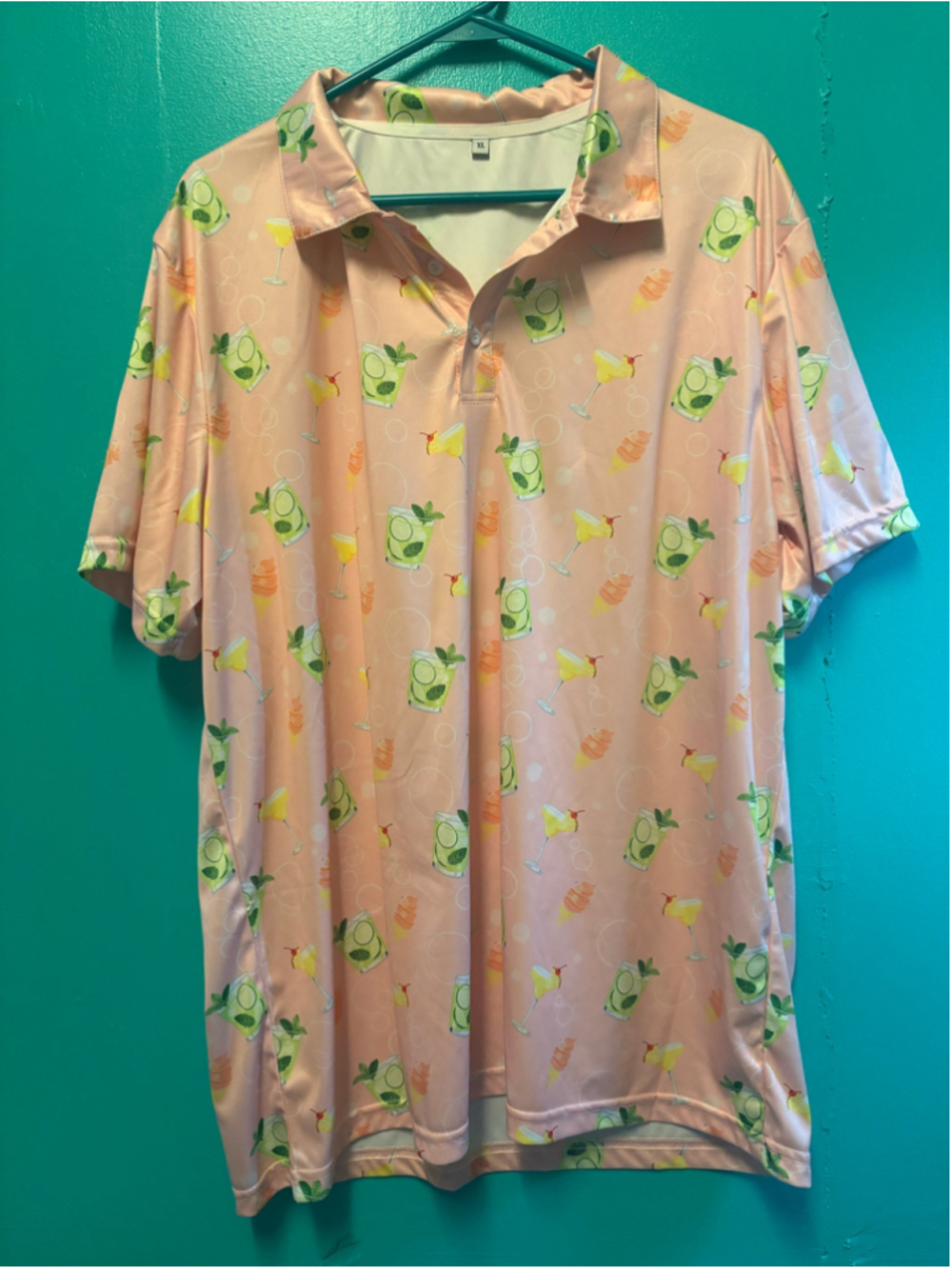 Men's Unbranded Cocktail Print Polo Shirt, XL, Pink and Green